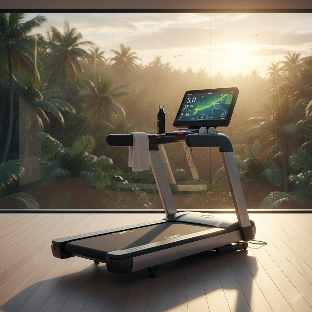 Treadmill with a digital display in a tropical setting